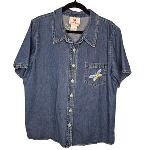 Quacker Factory Vintage 90s Short Sleeve Denim Embroidered Button Down Butterfly